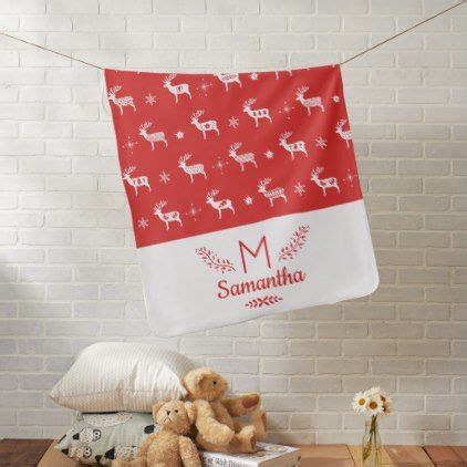 Scandinavian Reindeer Red White Holiday Monogram Baby Blanket Babyblankets Holiday Monogram