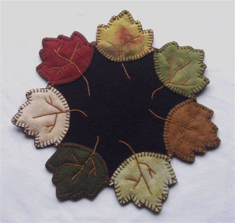 Penny Rug Wool Autumn Leaves Candle Mat Primitive Etsy Felt Crafts