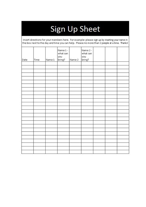 Kostenloses Sign Up Sheet Template In Excel