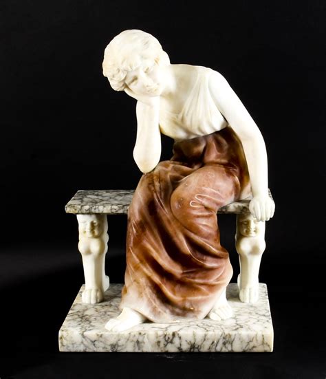 Antique Alabaster Sculpture Wistfulness Young Lady On A Bench Late 19th