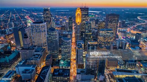 Downtown Minneapolis Aerial View At Dusk High Res Stock Photo Getty