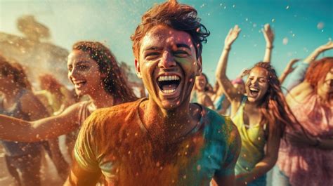 Premium Ai Image Group Of People Covered In Colored Powder Holi