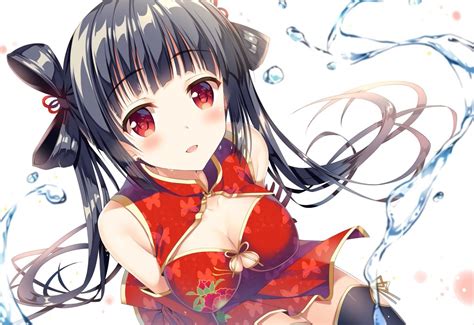 wallpaper illustration long hair anime girls water cartoon black hair cleavage mangaka