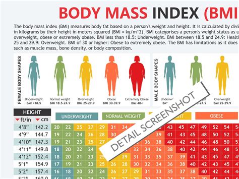 Body Mass Index Chart Digital Download Pdf Height And Weight Body