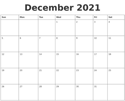 December 2021 Blank Calendar Template