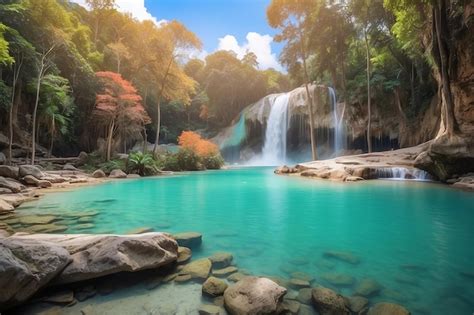 Erawan Wasserfall Im Herbst Thailand Wunderschöner Wasserfall Mit