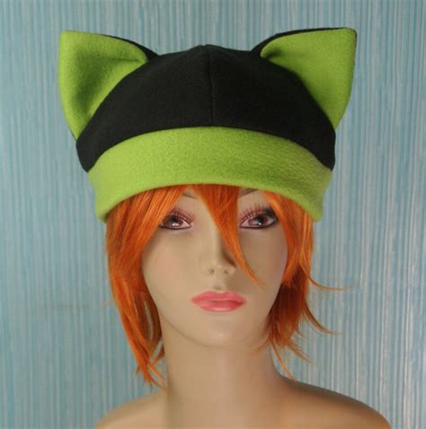 Ready To Ship Fleece Cat Hat Black Lime Green Beanie Etsy
