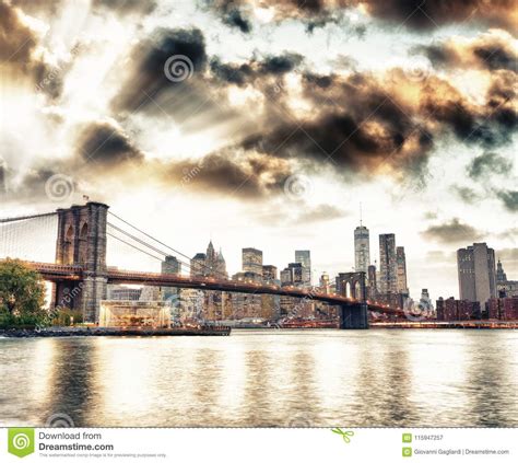 Manhattan Skyline And Brooklyn Bridge View From Brooklyn Bridge Stock