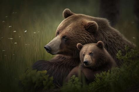 Premium Ai Image A Mother Bear And Her Cub Resting In A Grassy Meadow
