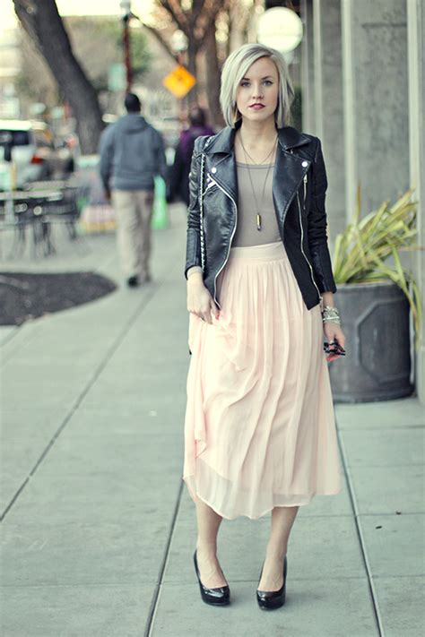 Rough Meets Romantic Pleated Blush Pink Skirt Leather Jacket