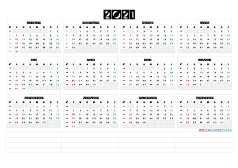 Free 2021 Yearly Calendar On Page With Numbered Weeks Example