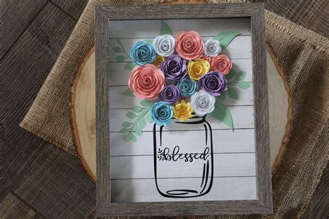 Paper Flower Shadow Box Wall Decor Housewarming T Mason Jar Art