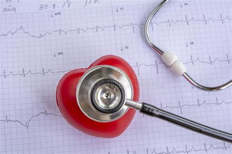 Cardiogram With Stethoscope And Red Heart On Table Closeup Stock Image