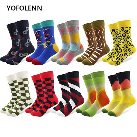 10 Pairlot Men Cotton Socks Multi Pattern Colorful Happy Socks Male