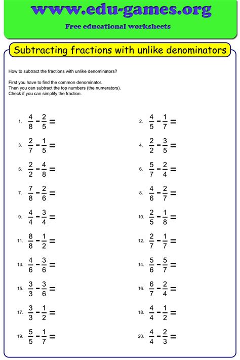 If the denominators of all the fractions are equal, we can add all the numerators and keep the same denominator. Free subtracting fractions with unlike denominators worksheets. Create unlimited worksheets with ...