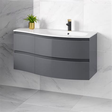 Foto di una stanza da bagno rustica con ante in legno scuro — houzz. 1040mm Large Gloss Grey Curved Vanity Unit With Drawers ...