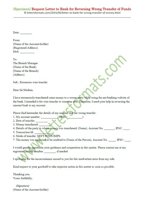 Request Letter To Bank For Reversing Wrong Transfer Of Funds