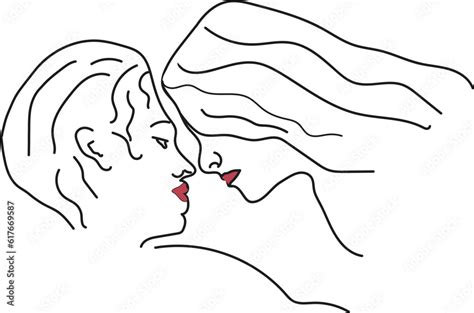 Line Art Couple Romantic Kiss Of Lovers Loving Couple Kissing Vector