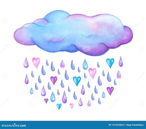 Cute Watercolor Cloud With Hearts And Raindrops Isolated On White