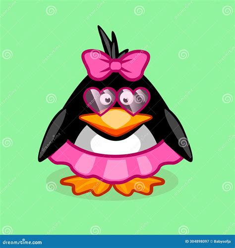 Cute Cartoon Penguin Girl Wearing Pink Hair Bow Glasses And Skirt Stock Illustration