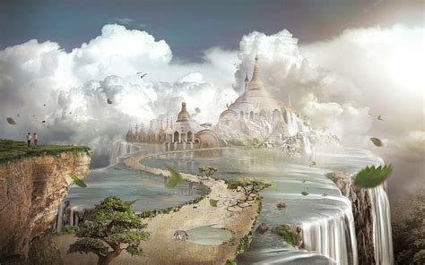 Hd Wallpaper Fantasy Art Waterfall Castle Clouds Leaves Water