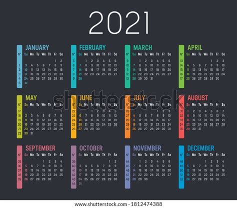 Colorful Year 2021 Calendar Weeks Numbers Stock Vector Royalty Free
