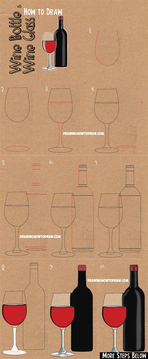 How To Draw A Bottle Of Wine And Glass Of Wine Easy Step By Step