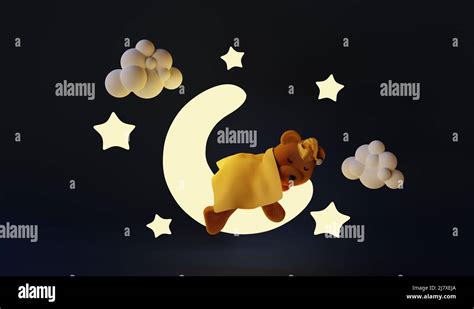 Cute Little Teddy Bear Sleeping On The Moon 3d Render Stock Photo Alamy