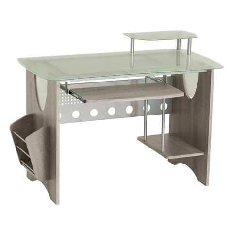 Back panel can be used to hold loose papers, mail, binders, or books. Techni Mobili Gray Frosted Glass Top Computer Desk with ...