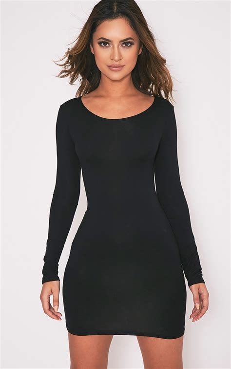 Basic Black Long Sleeve Jersey Mini Dress Prettylittlething Usa