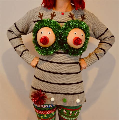 Sexy Ugly Christmas Sweater Not Plastic Boobs Cut Out See Details Boob Breast Jumper Reindeer