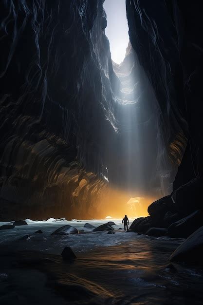 Premium Ai Image Man Standing Cave Light Coming Panoramic Rescue