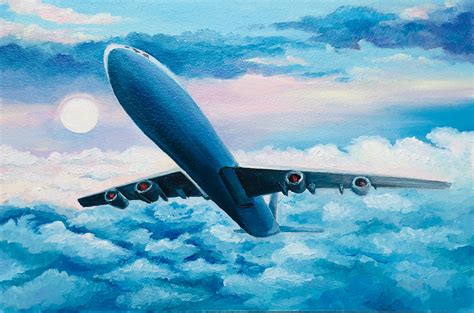 Airplane Painting Sky Original Art Clouds Oil Painting Plane Etsy