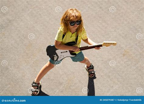 Little Boy Playing Guitar Outdoor Child Musician Guitarist Playing