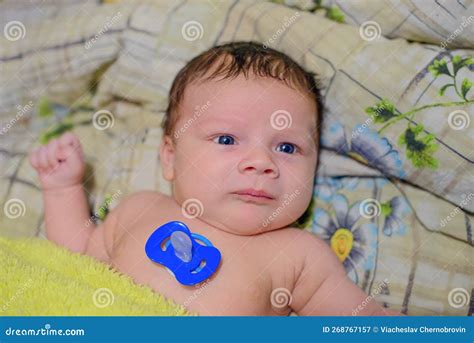 Newborn European Naked Baby With A Pacifier On His Chest Stock Image
