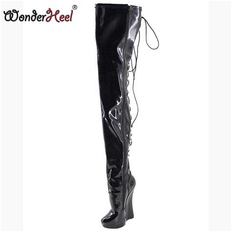 Wonderheel Extreme High Heel 7 Wedge Thigh High Boot Sexy High Heels Crotch Boots Patent Lacing