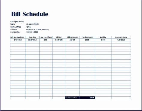 Free Bill Schedule Template Of Excel Bill Payment Schedule Template