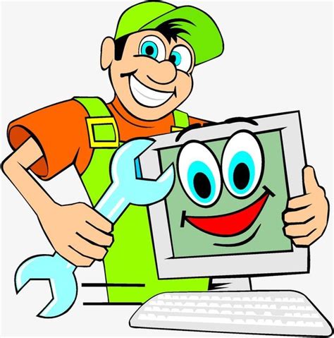 A Man Holding A Wrench And A Computer Screen With A Smiley Face On It
