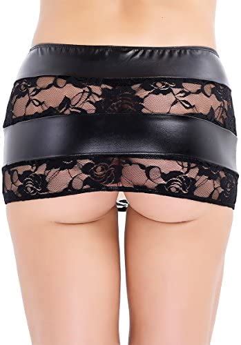 MSemis Womens Faux Leather Bodycon Mini Skirt Lace Patchwork Party