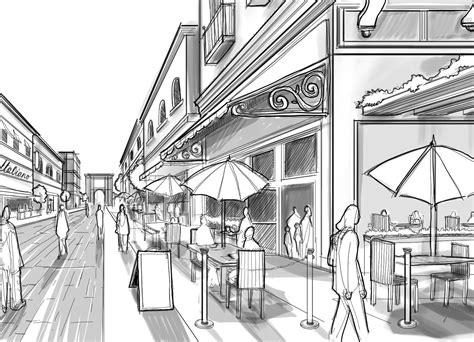 Cafe Architectural Street Scene Perspective Drawing Architecture