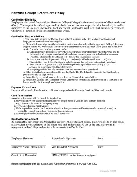 Has your credit card company ever charged you twice for the same item or failed to credit a payment to your account? Hartwick College Credit Card Policy Intended For Corporate Credit Card Agreement Template - 10 ...