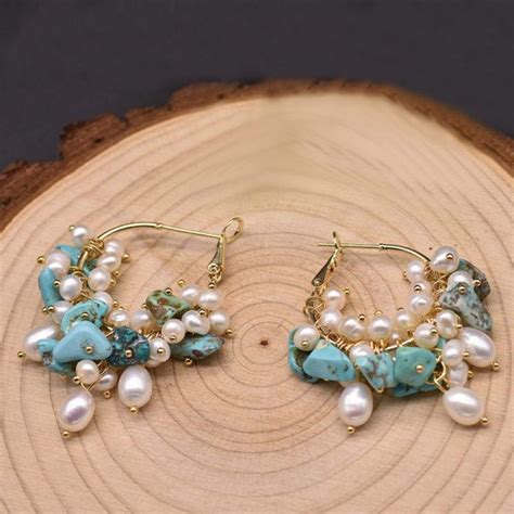 18k Gold Plated Freshwater Pearl Turquoise Hoop Earrings Ezra