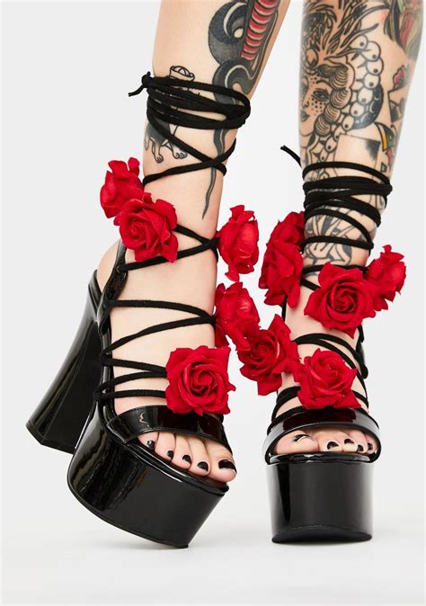 Sugar Thrillz 3d Rose Platform Lace Up Wrap Heels Black Red Dolls Kill