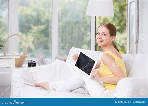 Woman Showing Touchpad Stock Photo Image Of Tablet Holding