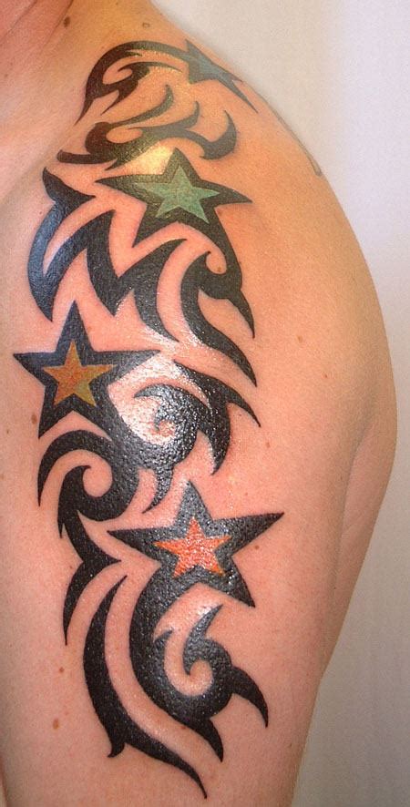 Colorful Stars Tattoo On Shoulder