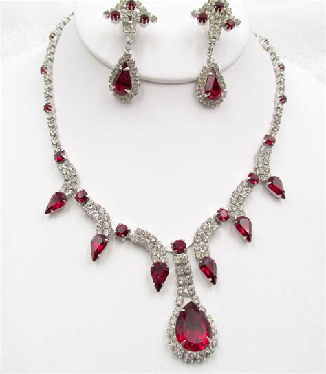 Kramer Red And Crystal Rhinestone Necklace And Drop Earrings