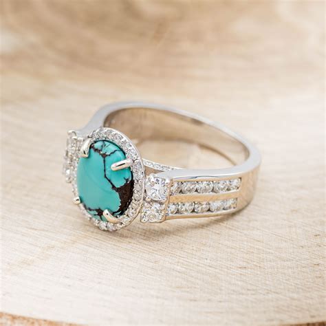 Fancy Oval Turquoise Engagement Ring With Diamond Halo Accents In