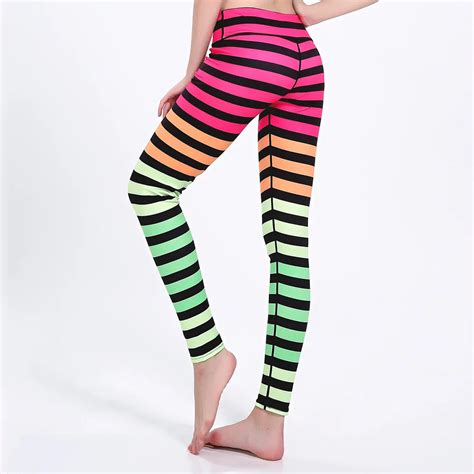 Hot Sexy Fitness Elastic Waist Leggings Sporting Multicolor Gradient Striped Trousers Workout