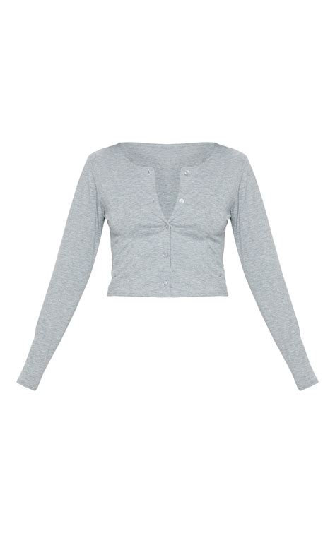 Grey Long Sleeve Button Front Crop Top Tops Prettylittlething Ie