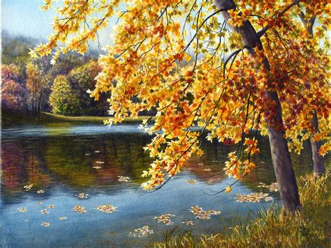 Autumn Lake Watercolor Landscape Painting Print By Cathy